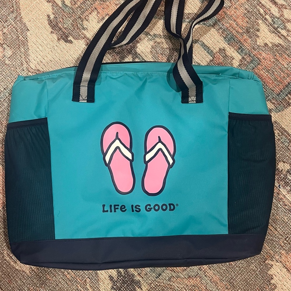 Life Is Good Blue Cooler Bag with Pink Flip Flop Design